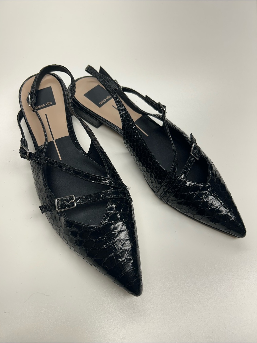 Dolce Vita Black Croc-Embossed Pointed Slingback Flats